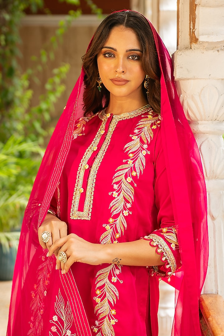 Rani Pink Silk & Mulmul Embellished Wedding Sharara Set by Ajiesh Oberoi at Pernia's Pop Up Shop