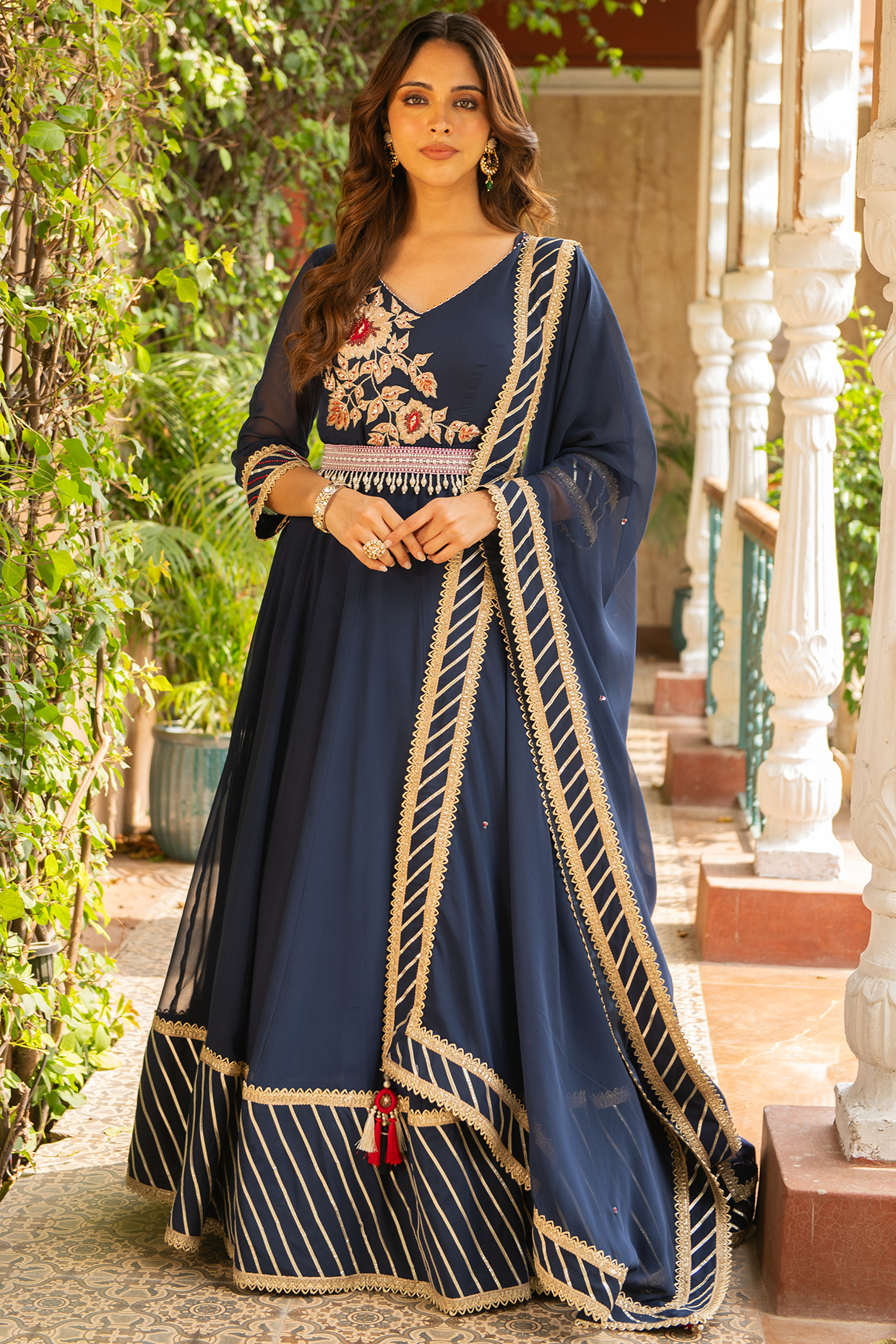 Navy Blue Mulmul & Lycra Embroidered Wedding Anarkali Set by Ajiesh Oberoi at Pernia's Pop Up Shop