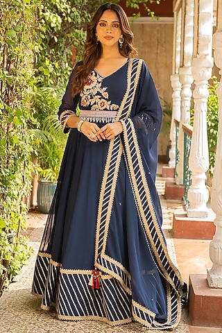 Navy Blue Mulmul & Lycra Embroidered Anarkali Set by Ajiesh Oberoi