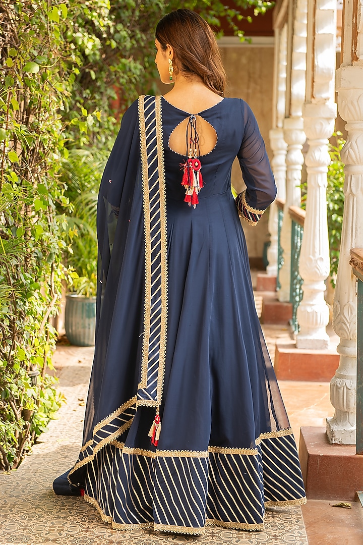 Navy Blue Mulmul & Lycra Embroidered Wedding Anarkali Set by Ajiesh Oberoi at Pernia's Pop Up Shop