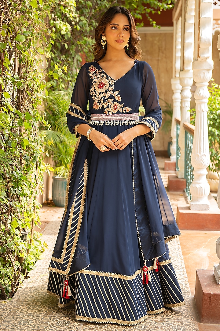 Navy Blue Mulmul & Lycra Embroidered Wedding Anarkali Set by Ajiesh Oberoi at Pernia's Pop Up Shop