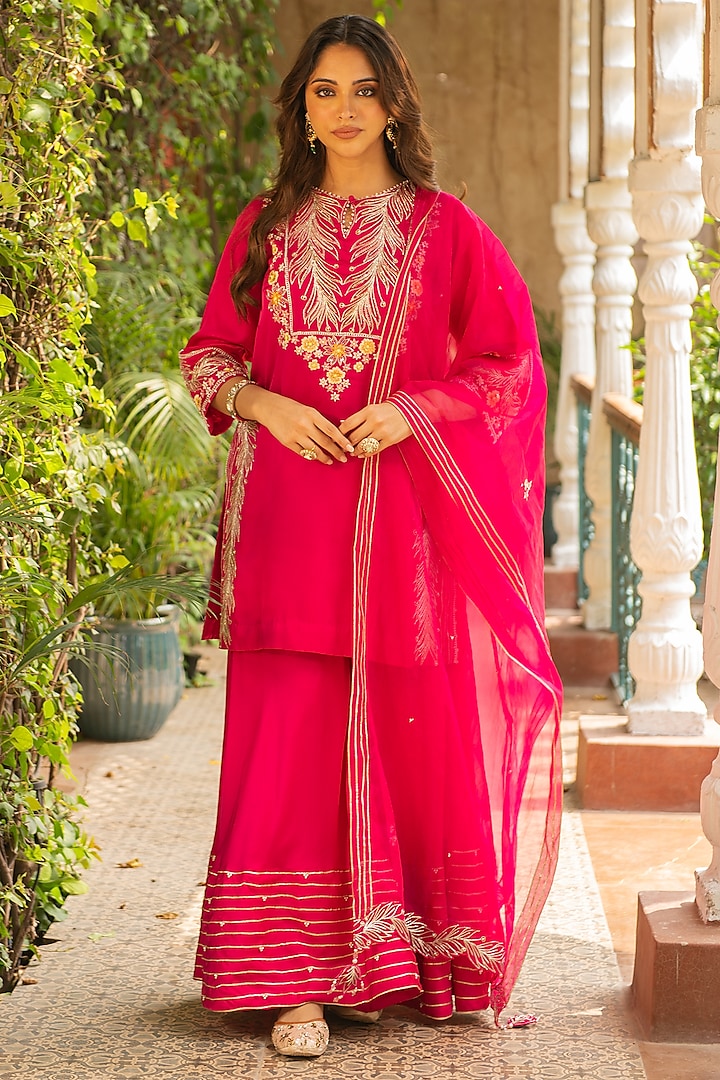 Rani Pink Silk & Mulmul Sharara Set by Ajiesh Oberoi