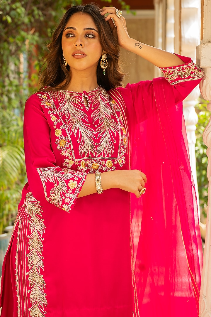 Rani Pink Silk & Mulmul Wedding Sharara Set by Ajiesh Oberoi at Pernia's Pop Up Shop