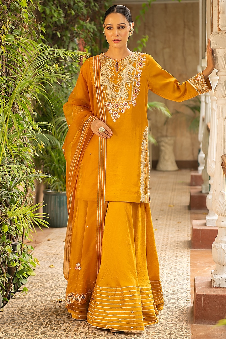 Mustard Silk & Mulmul Wedding Sharara Set by Ajiesh Oberoi at Pernia's Pop Up Shop