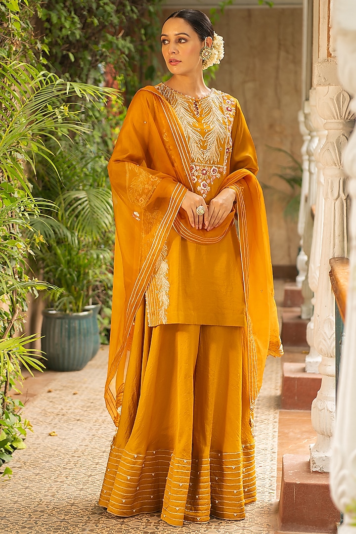 Mustard Silk & Mulmul Wedding Sharara Set by Ajiesh Oberoi at Pernia's Pop Up Shop