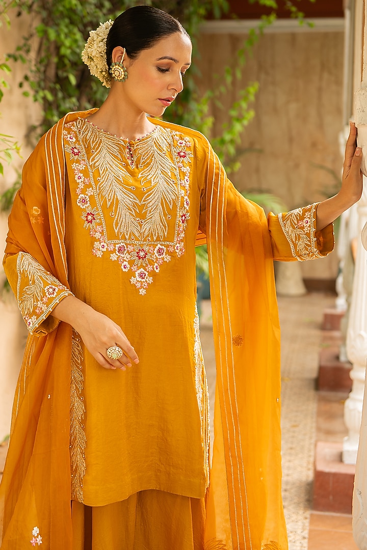 Mustard Silk & Mulmul Wedding Sharara Set by Ajiesh Oberoi at Pernia's Pop Up Shop