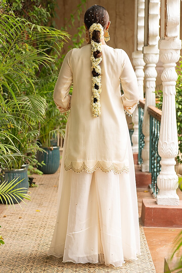 Ivory Silk & Mulmul Embellished Wedding Sharara Set by Ajiesh Oberoi at Pernia's Pop Up Shop