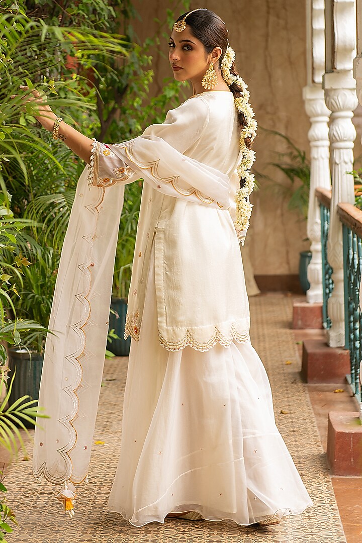 Ivory Silk & Mulmul Embellished Wedding Sharara Set by Ajiesh Oberoi at Pernia's Pop Up Shop