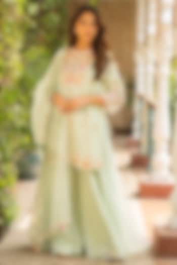 Sea Green Silk & Mulmul Embellished Wedding Sharara Set by Ajiesh Oberoi at Pernia's Pop Up Shop