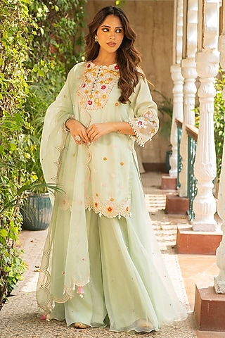 Sea Green Silk & Mulmul Embellished Sharara Set by Ajiesh Oberoi