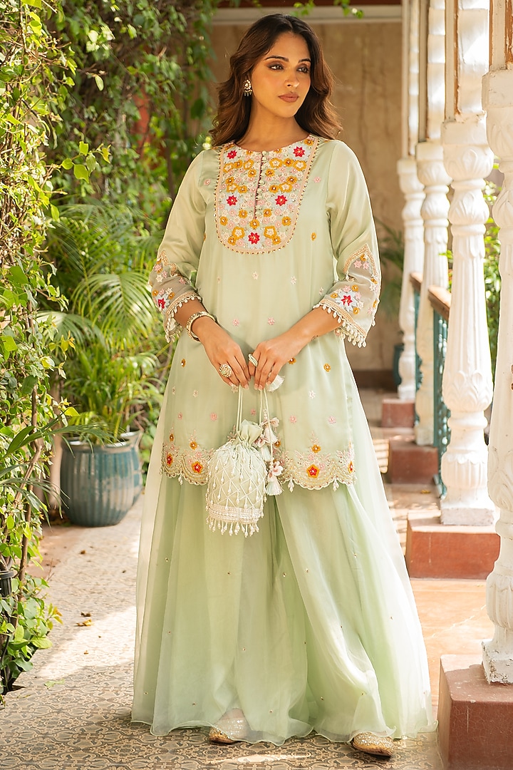 Sea Green Silk & Mulmul Embellished Wedding Sharara Set by Ajiesh Oberoi at Pernia's Pop Up Shop
