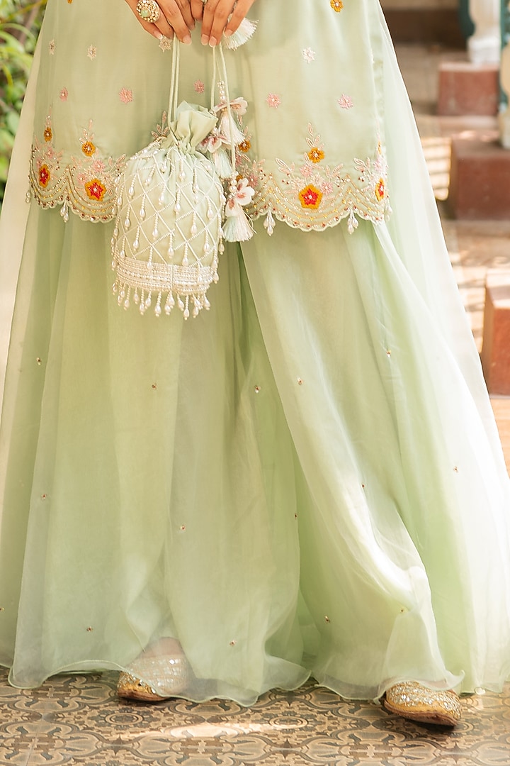 Sea Green Silk & Mulmul Embellished Wedding Sharara Set by Ajiesh Oberoi at Pernia's Pop Up Shop
