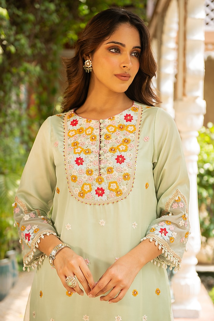 Sea Green Silk & Mulmul Embellished Wedding Sharara Set by Ajiesh Oberoi at Pernia's Pop Up Shop