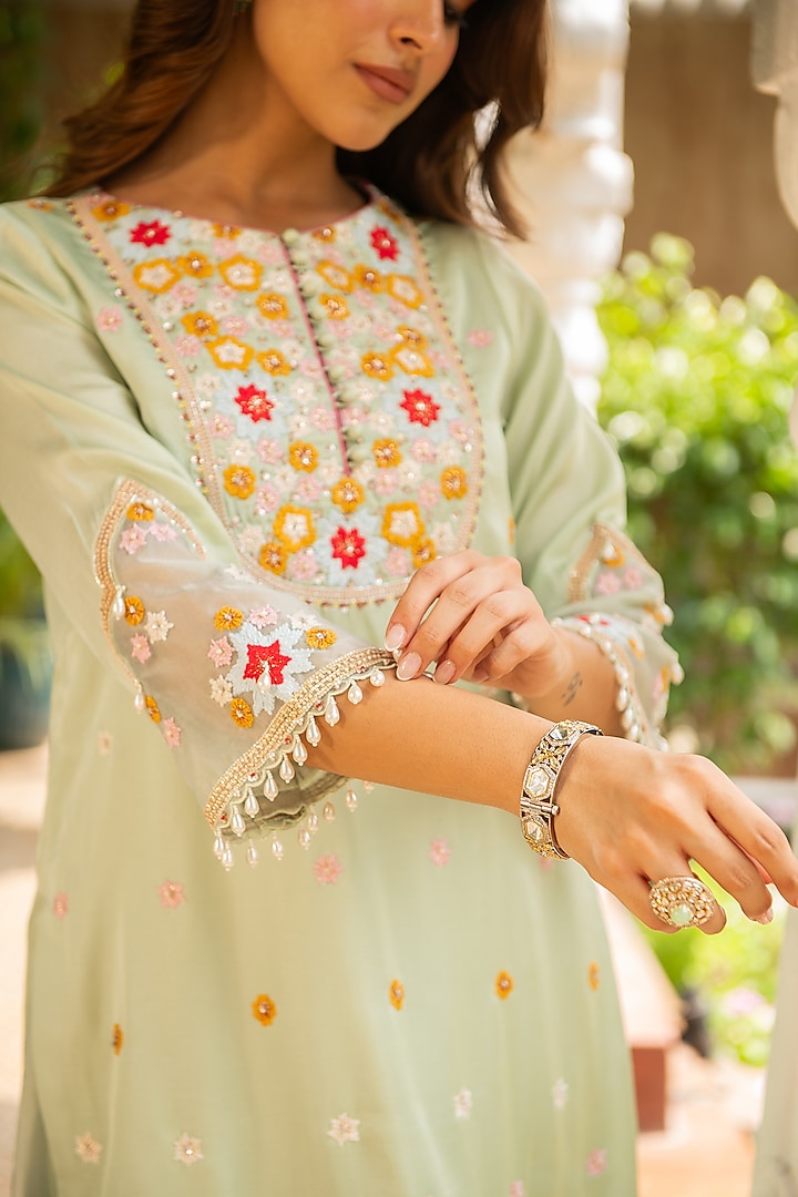 Sea Green Silk & Mulmul Embellished Wedding Sharara Set by Ajiesh Oberoi at Pernia's Pop Up Shop
