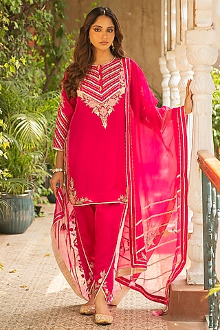 Rani Pink Silk & Mulmul Dhoti Set by Ajiesh Oberoi