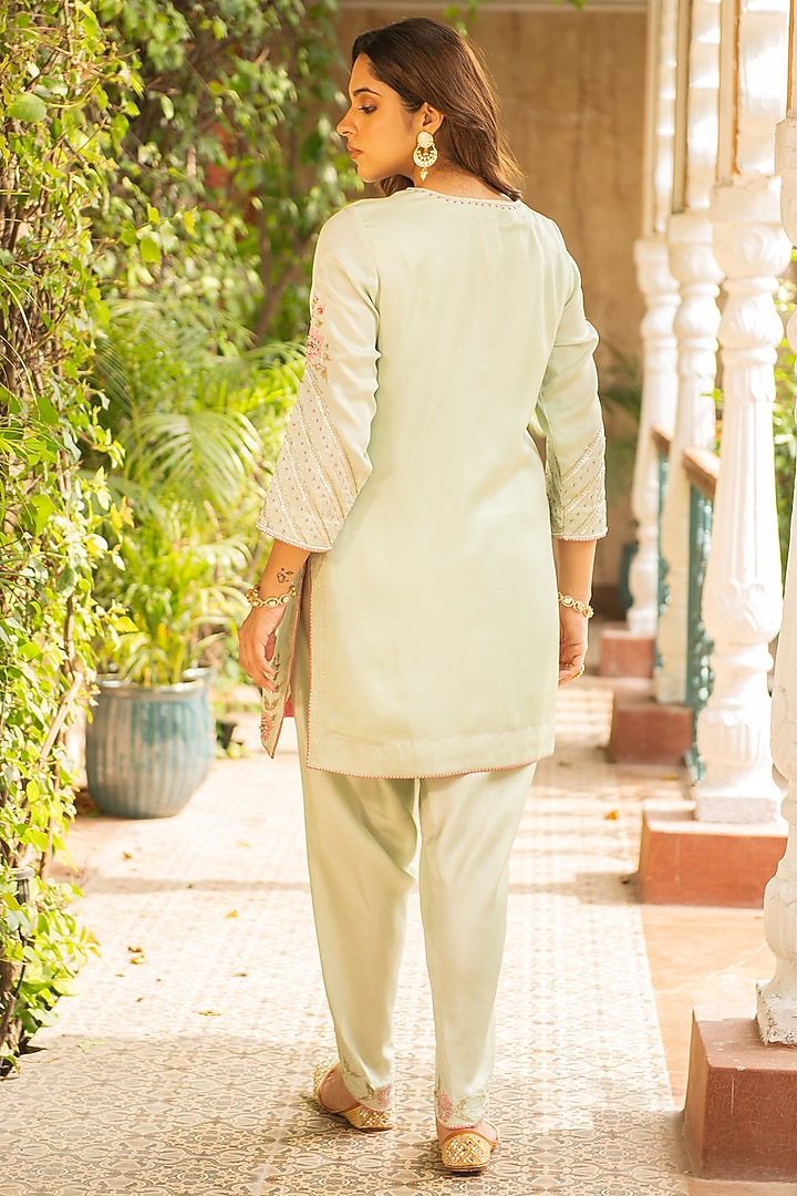 Sea Green Silk & Mulmul Dhoti Set by Ajiesh Oberoi at Pernia's Pop Up Shop
