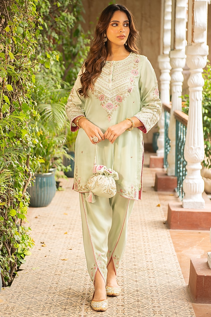 Sea Green Silk & Mulmul Dhoti Set by Ajiesh Oberoi at Pernia's Pop Up Shop