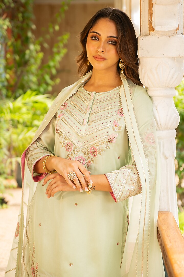 Sea Green Silk & Mulmul Dhoti Set by Ajiesh Oberoi at Pernia's Pop Up Shop