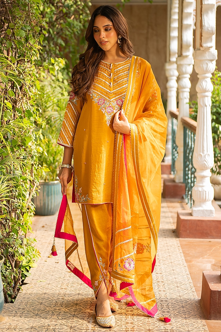 Mustard Silk & Mulmul Dhoti Set by Ajiesh Oberoi