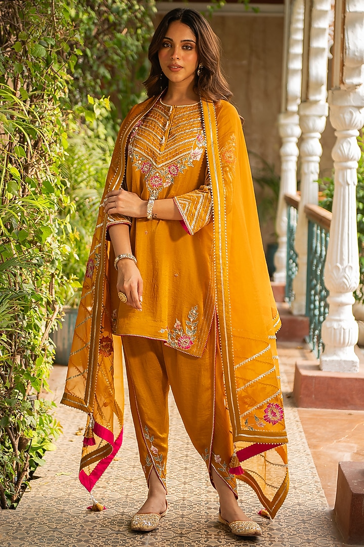Mustard Silk & Mulmul Dhoti Set by Ajiesh Oberoi at Pernia's Pop Up Shop