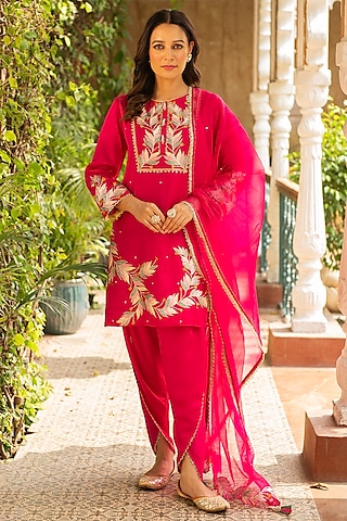 Rani Pink Silk & Mulmul Dhoti Set by Ajiesh Oberoi