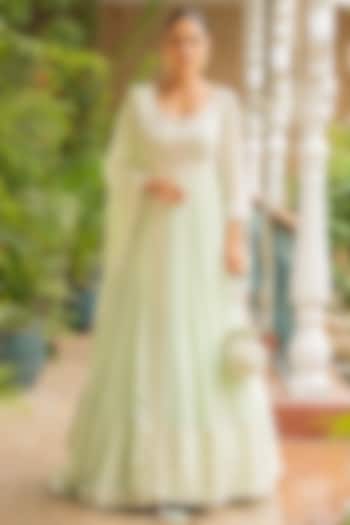 Sea Green Lycra & Croma Embroidered Wedding Anarkali Set by Ajiesh Oberoi at Pernia's Pop Up Shop
