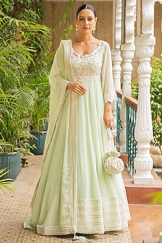 Sea Green Lycra & Croma Embroidered Anarkali Set by Ajiesh Oberoi
