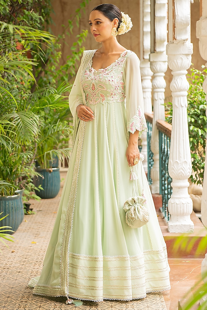 Sea Green Lycra & Croma Embroidered Wedding Anarkali Set by Ajiesh Oberoi at Pernia's Pop Up Shop