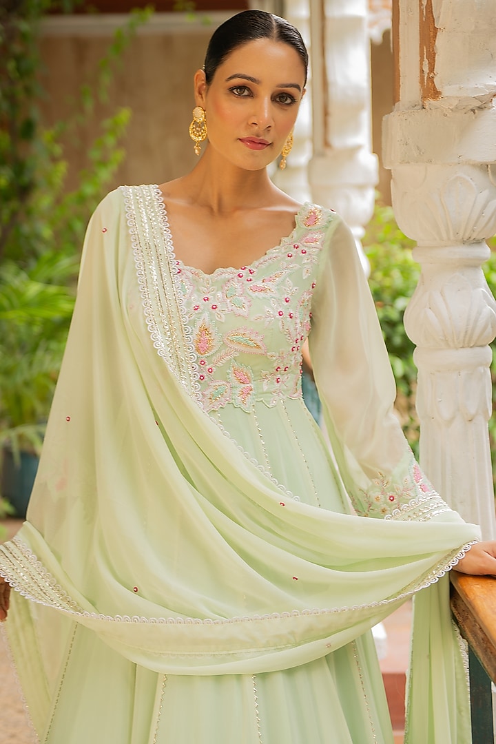 Sea Green Lycra & Croma Embroidered Wedding Anarkali Set by Ajiesh Oberoi at Pernia's Pop Up Shop