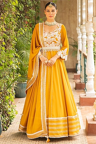 Mustard Lycra & Croma Embroidered Anarkali Set by Ajiesh Oberoi