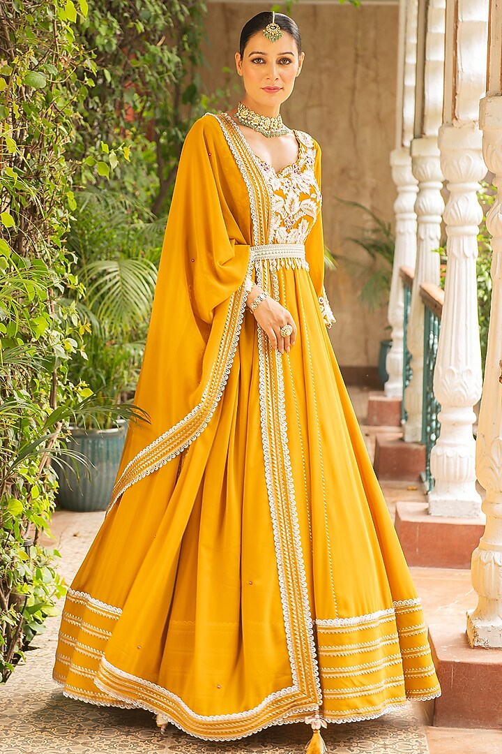 Mustard Lycra & Croma Embroidered Wedding Anarkali Set by Ajiesh Oberoi at Pernia's Pop Up Shop