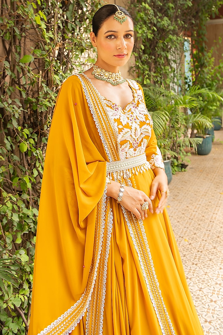 Mustard Lycra & Croma Embroidered Wedding Anarkali Set by Ajiesh Oberoi at Pernia's Pop Up Shop