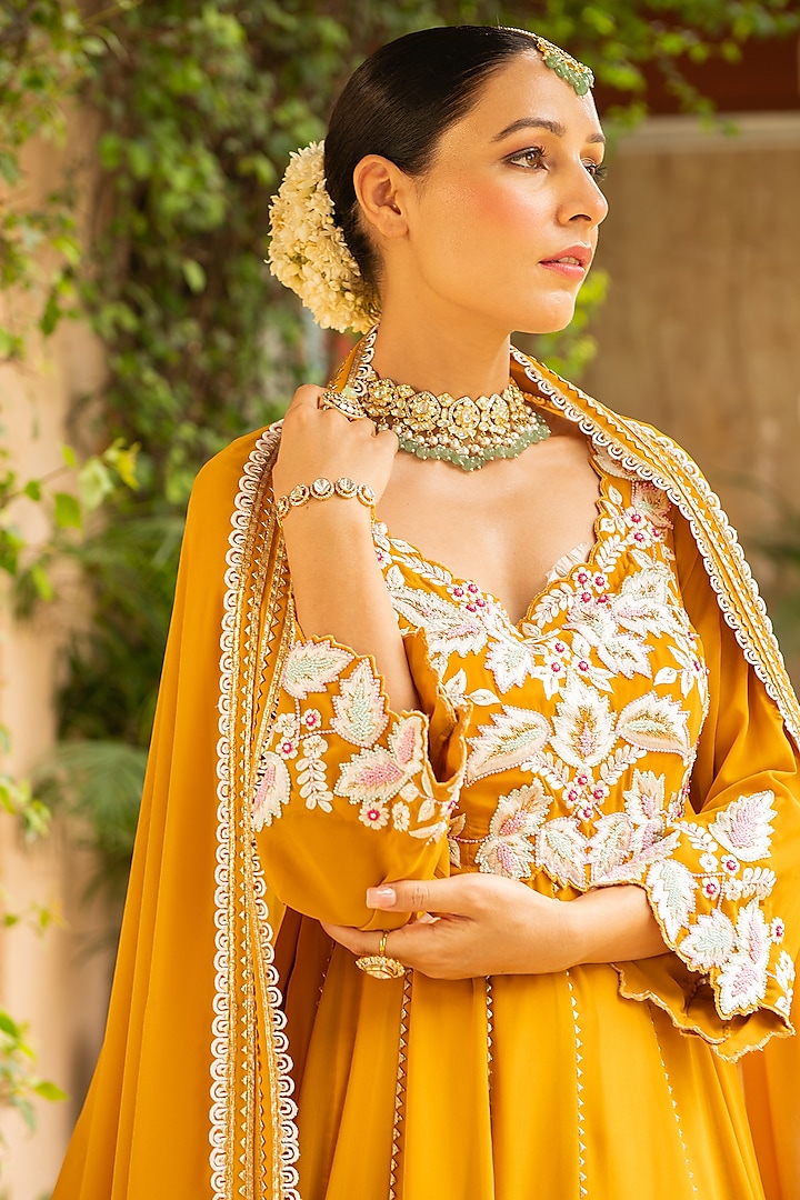 Mustard Lycra & Croma Embroidered Wedding Anarkali Set by Ajiesh Oberoi at Pernia's Pop Up Shop