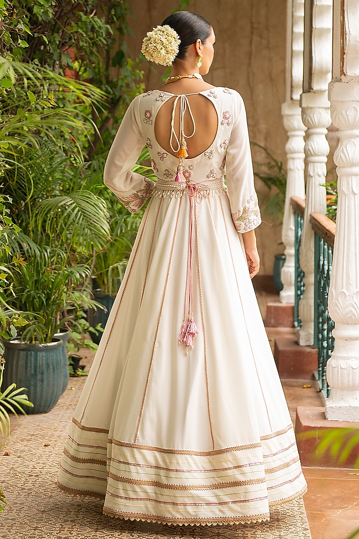 Ivory Lycra & Croma Embroidered Wedding Anarkali Set by Ajiesh Oberoi at Pernia's Pop Up Shop