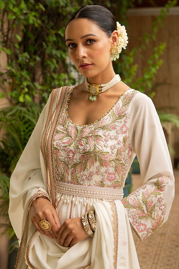 Ivory Lycra & Croma Embroidered Wedding Anarkali Set by Ajiesh Oberoi at Pernia's Pop Up Shop