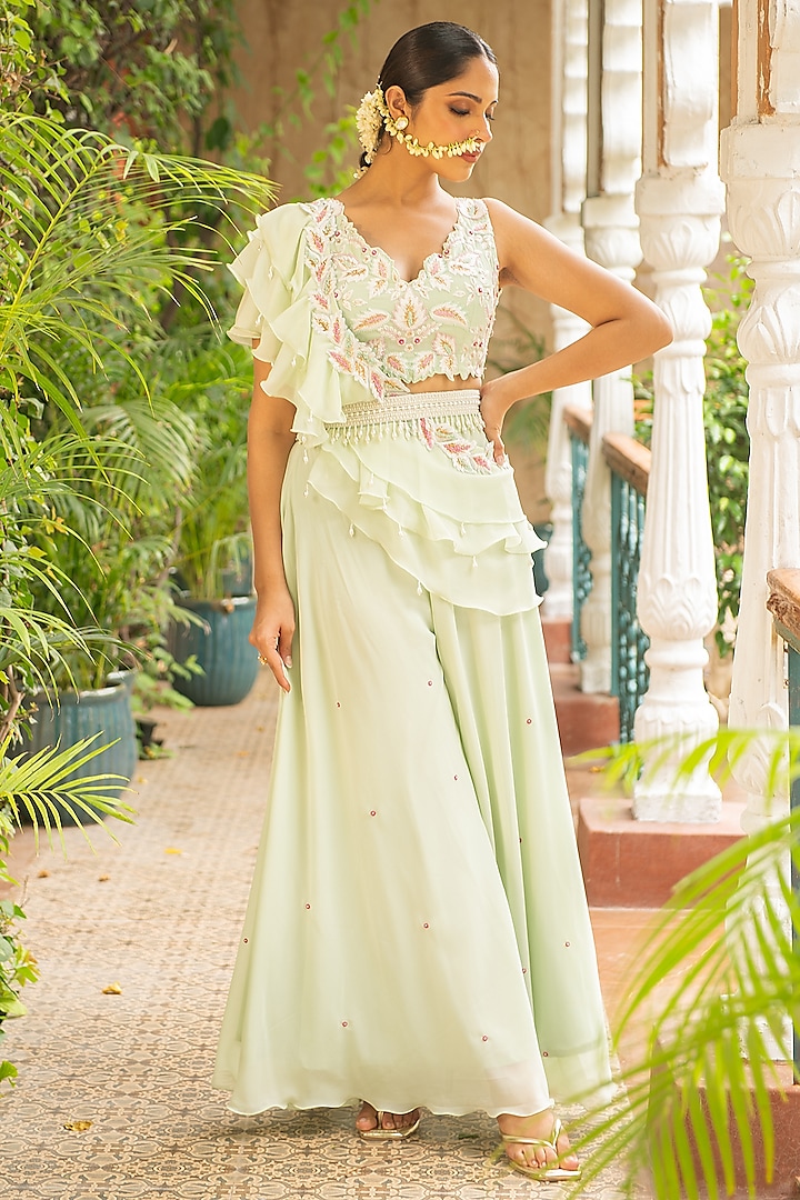 Sea Green Georgette Party Wear Sharara Set by Ajiesh Oberoi at Pernia's Pop Up Shop