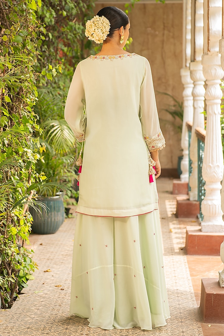 Sea Green Georgette Embellished Wedding Sharara Set by Ajiesh Oberoi at Pernia's Pop Up Shop