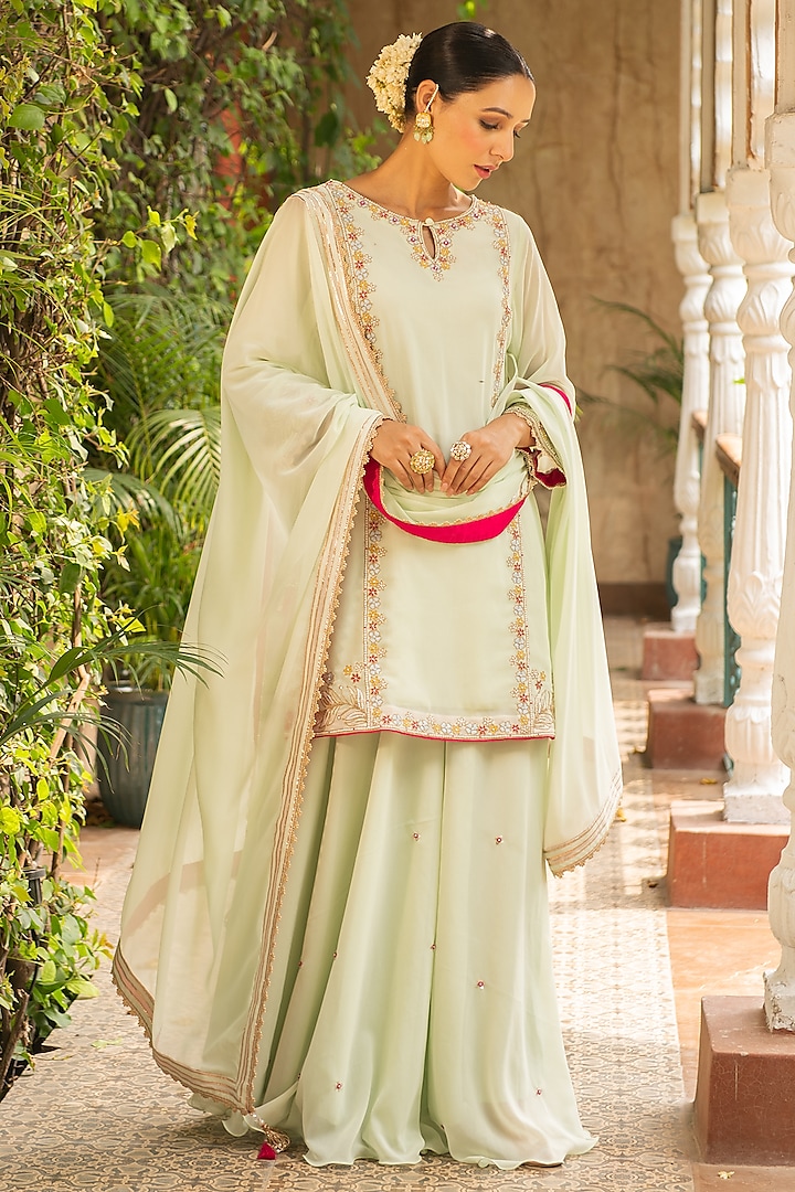 Sea Green Georgette Embellished Wedding Sharara Set by Ajiesh Oberoi at Pernia's Pop Up Shop