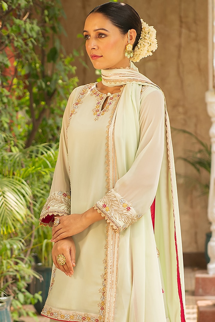 Sea Green Georgette Embellished Wedding Sharara Set by Ajiesh Oberoi at Pernia's Pop Up Shop