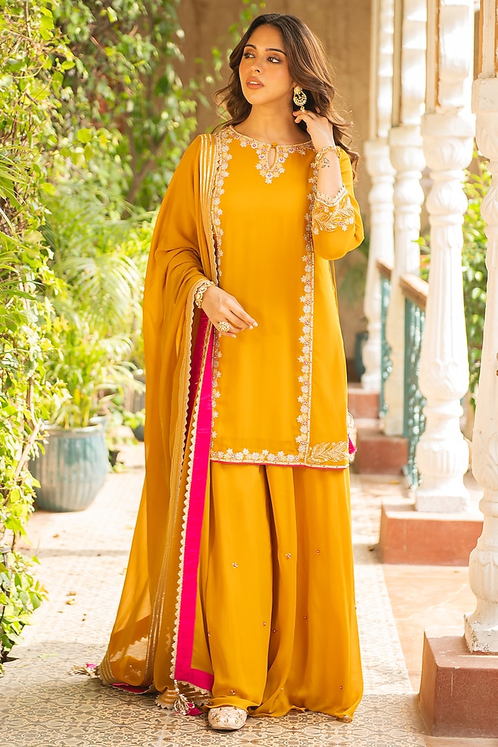 Mustard Georgette Embellished Sharara Set by Ajiesh Oberoi at Pernia's Pop Up Shop