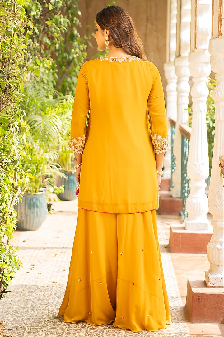 Mustard Georgette Embellished Wedding Sharara Set by Ajiesh Oberoi at Pernia's Pop Up Shop