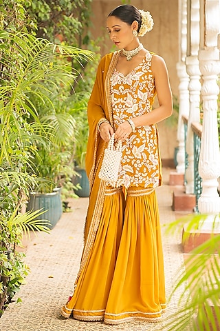 Mustard Georgette Gharara Set by Ajiesh Oberoi