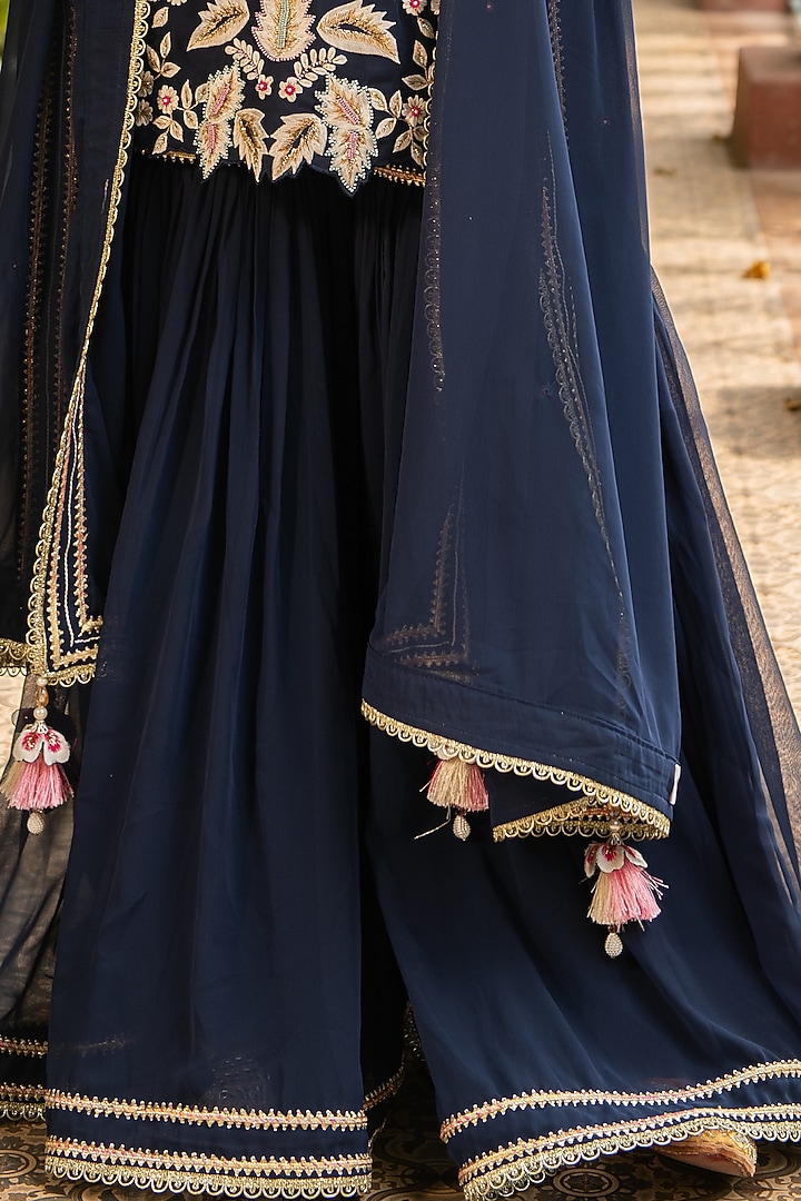 Navy Blue Georgette Gharara Set by Ajiesh Oberoi at Pernia's Pop Up Shop