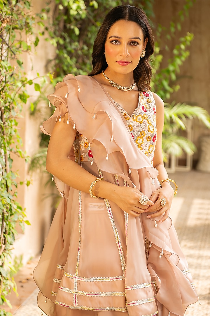 Old Rose Organza Wedding Sharara Set by Ajiesh Oberoi at Pernia's Pop Up Shop