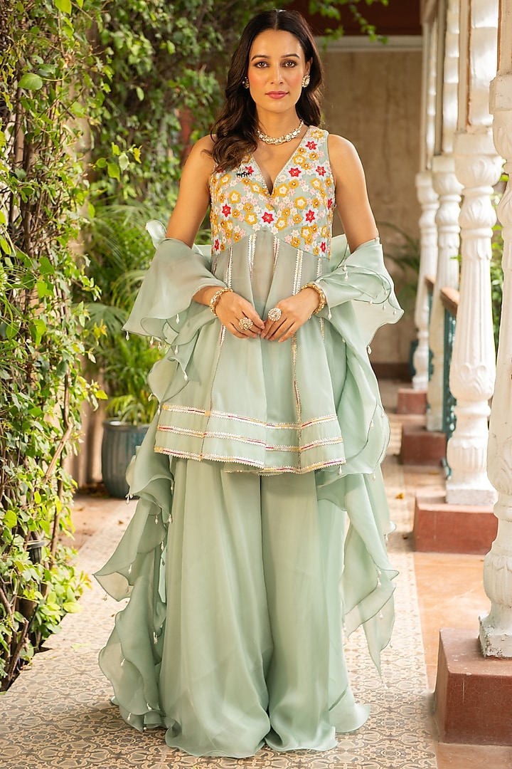 Sea Green Organza Embroidered Sharara Set For Girls by Ajiesh Oberoi - Kids at Pernia's Pop Up Shop