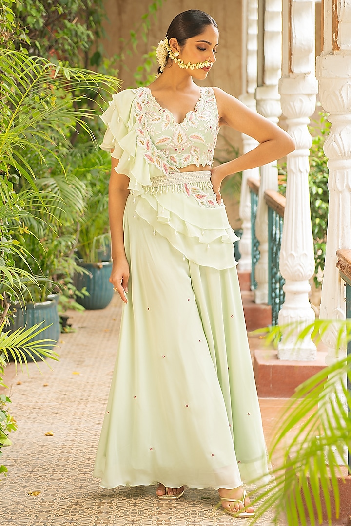 Sea Green Georgette Embroidered Sharara Set For Girls by Ajiesh Oberoi - Kids at Pernia's Pop Up Shop