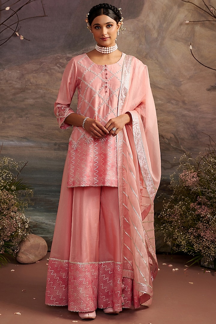 Rose Pink Embroidered Sharara Set For Girls by Ajiesh Oberoi - Kids