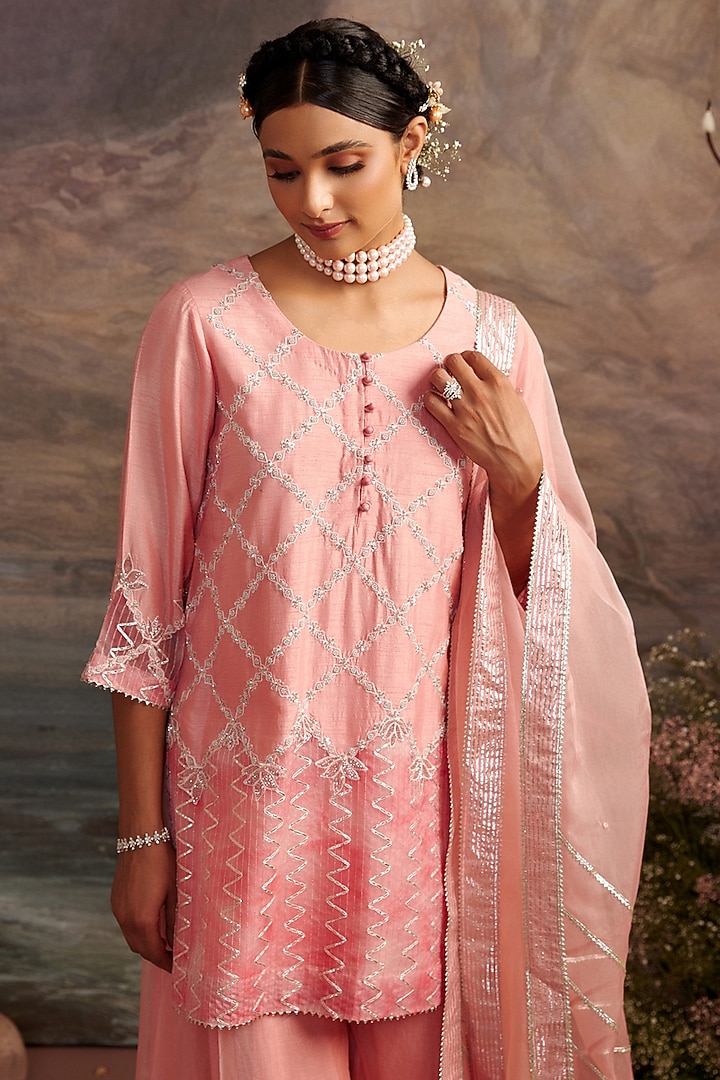 Rose Pink Embroidered Sharara Set For Girls by Ajiesh Oberoi - Kids at Pernia's Pop Up Shop