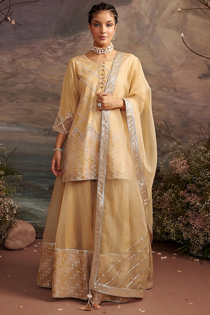 Honey Gold Embroidered Sharara Set For Girls by Ajiesh Oberoi - Kids
