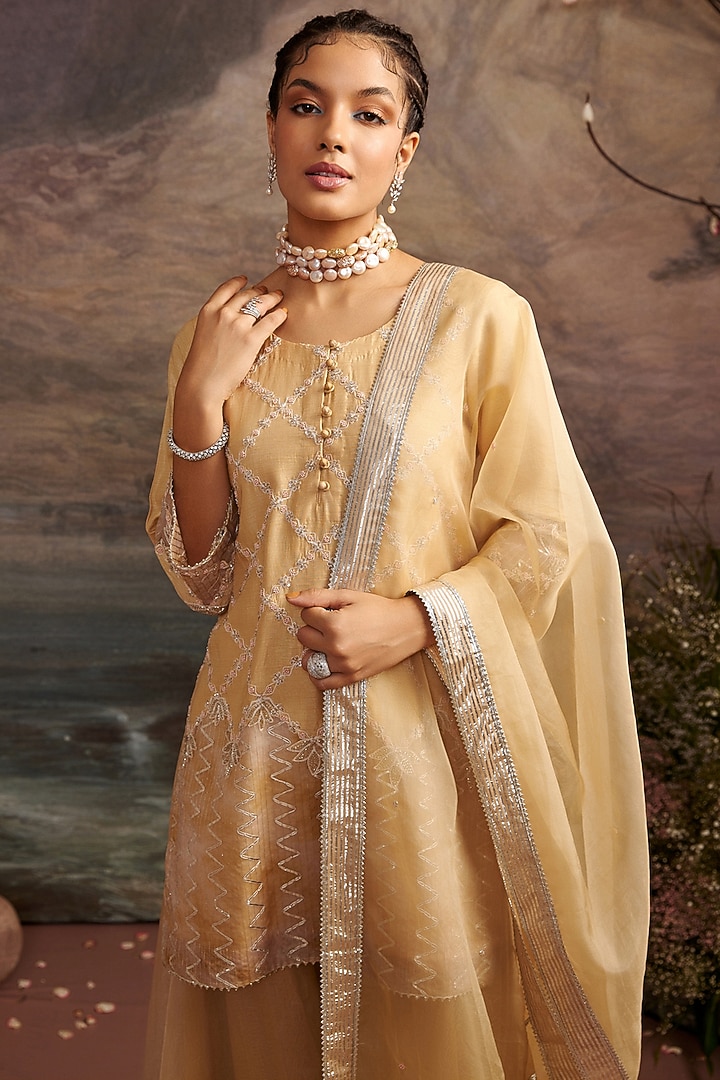 Honey Gold Embroidered Sharara Set For Girls by Ajiesh Oberoi - Kids at Pernia's Pop Up Shop